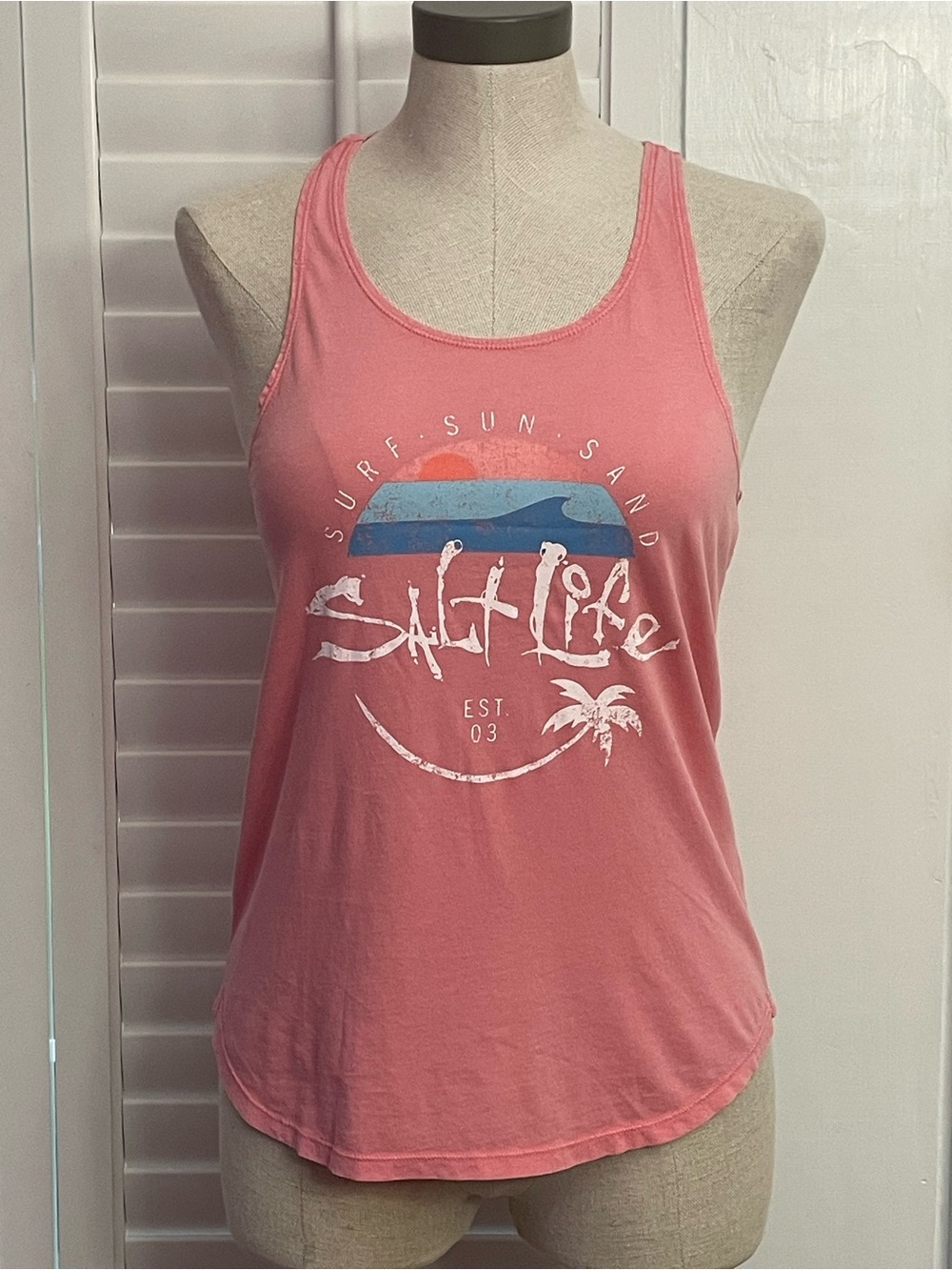 Salt Life Women's Pink “Surf Sun Sand”Graphic Razorback Tank Top
